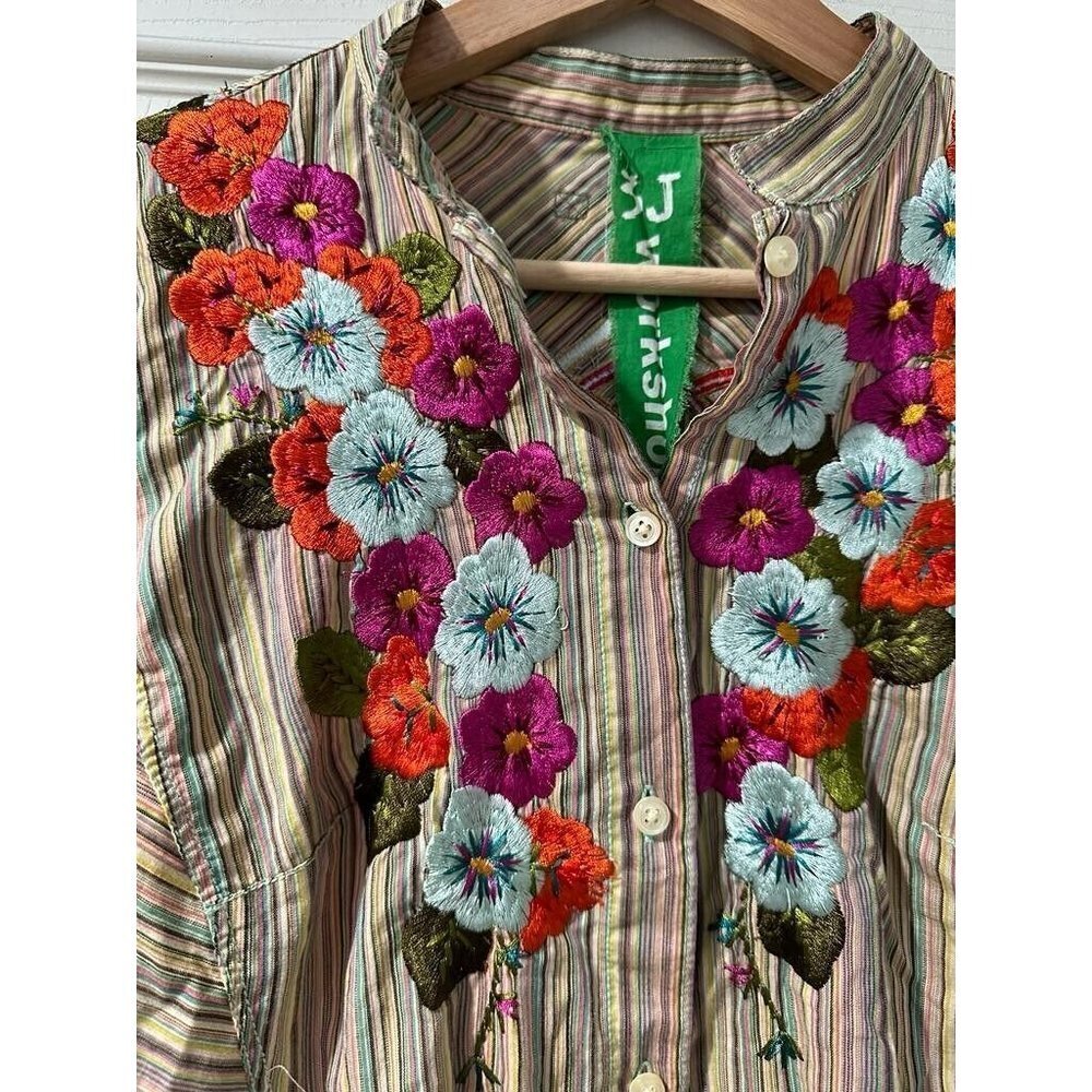 Johnny Was 3J Workshop Biya Embroidered Striped Long Bell Sleeve Top Size XS - Picture 8 of 11
